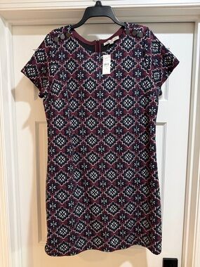 LOFT Dark Purple Navy Geometric Print Dress Size 12 Cotton Blend -- NWT